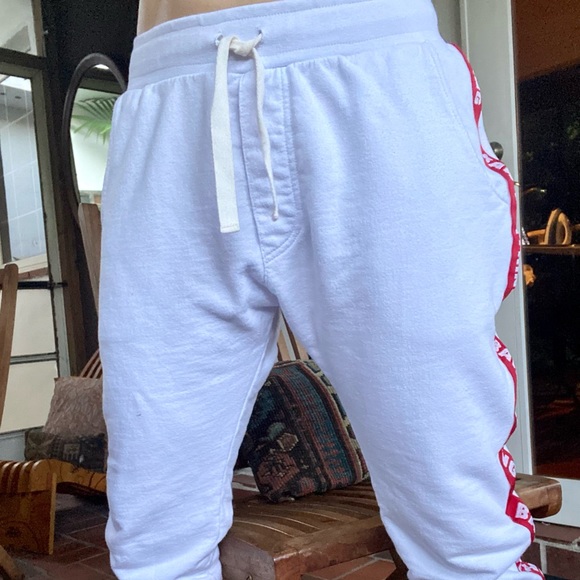 Baw white athletic wear men’s sweat pants with red branded ribbon embroidered - Picture 2 of 9